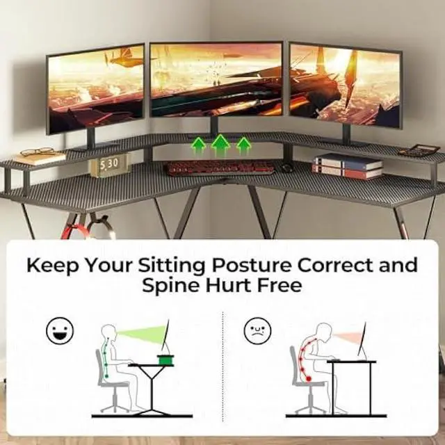 Alt view image 6 of 7 - SEVEN WARRIOR L Shaped Gaming Desk with LED Lights & Power Outlets, 50.4 Computer Desk with Monitor Stand, Corner Desk with Carbon Fiber Surface, Gaming Table with Hooks, Black