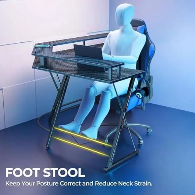 Alt view image 7 of 7 - SEVEN WARRIOR L Shaped Gaming Desk with LED Lights & Power Outlets, 50.4 Computer Desk with Monitor Stand, Corner Desk with Carbon Fiber Surface, Gaming Table with Hooks, Black