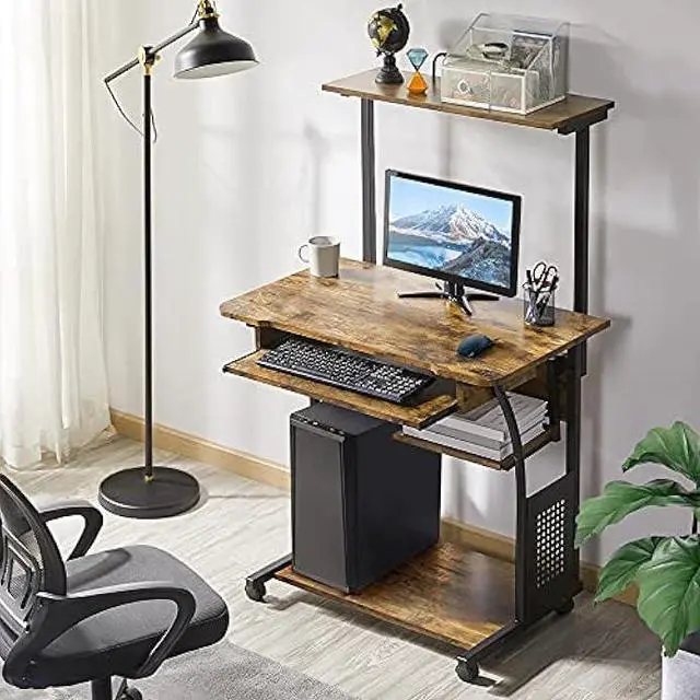 Alt view image 2 of 5 - Yaheetech 3 Tiers Rolling Computer Desk with Keyboard Tray and Printer Shelf for Home Office, Mobile Computer Desk for Small Space, Retro Computer Table Compact PC Laptop Workstation, Rustic Brown