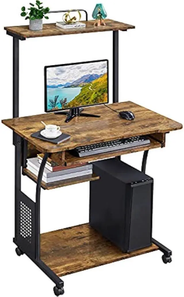 Main image of Yaheetech 3 Tiers Rolling Computer Desk with Keyboard Tray and Printer Shelf for Home Office, Mobile Computer Desk for Small Space, Retro Computer Table Compact PC Laptop Workstation, Rustic Brown