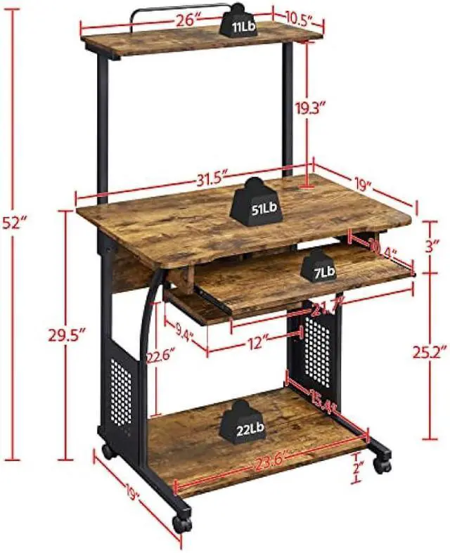 Alt view image 3 of 5 - Yaheetech 3 Tiers Rolling Computer Desk with Keyboard Tray and Printer Shelf for Home Office, Mobile Computer Desk for Small Space, Retro Computer Table Compact PC Laptop Workstation, Rustic Brown