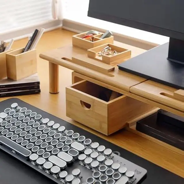 Alt view image 3 of 5 - Dual Monitor Stand Riser with Drawer for Desk Laptop Desk Shelf with Adjustable Length and Angle, Bamboo Computer Stand Riser for 2 or 3 Monitors Screen Laptop PC TV -Natural