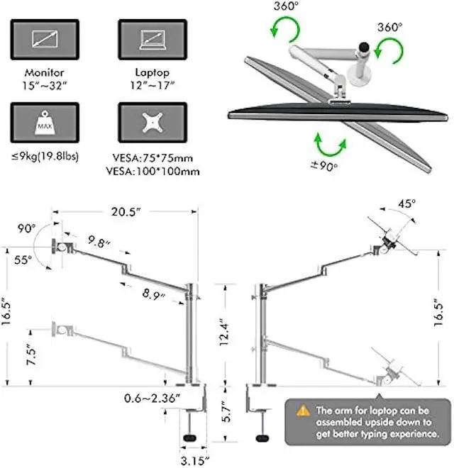Alt view image 4 of 5 - Viozon Monitor and Laptop Mount, 2-in-1 Adjustable Dual Arm Desk Mounts Single Desk Arm Stand/Holder for 17 to 32 Inch LCD Computer Screens, Extra Tray Fits 12 to 17 inch Laptops (Silver)