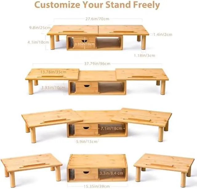 Alt view image 5 of 5 - Dual Monitor Stand Riser with Drawer for Desk Laptop Desk Shelf with Adjustable Length and Angle, Bamboo Computer Stand Riser for 2 or 3 Monitors Screen Laptop PC TV -Natural