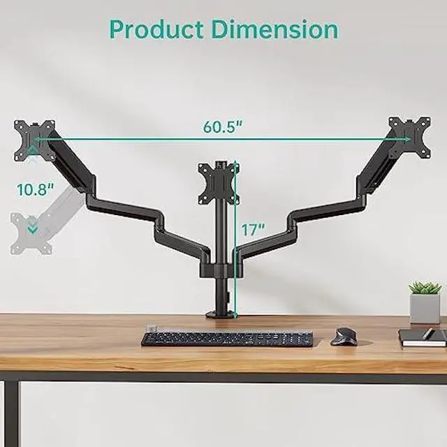 Alt view image 3 of 5 - WALI Triple Monitor Mount for 13-27 inch Screens, Adjustable 3 Monitors Desk Mount with Swivel, Tilt, Clamp & Grommet Kit, Gas Spring Arm Triple Monitor Stand, VESA 75x75/100x100mm (GSDM003), Black