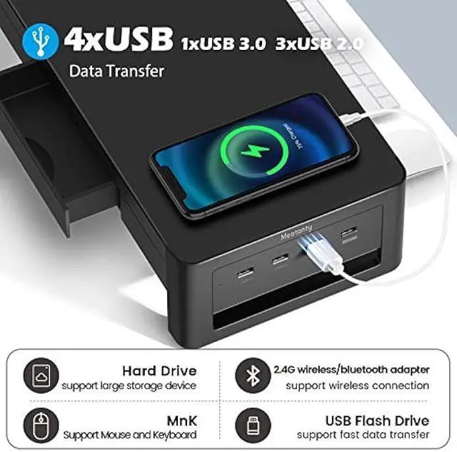 Alt view image 2 of 7 - meatanty 2 in 1 Monitor Stand Riser with 2 Storage Drawers and 4 USB Ports, Metal Computer Monitor Stand Supports Transfer Data and Charging, Desk Organizer for PC,Laptop,iMac (21 inches)