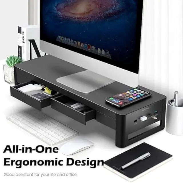 Alt view image 4 of 7 - meatanty 2 in 1 Monitor Stand Riser with 2 Storage Drawers and 4 USB Ports, Metal Computer Monitor Stand Supports Transfer Data and Charging, Desk Organizer for PC,Laptop,iMac (21 inches)