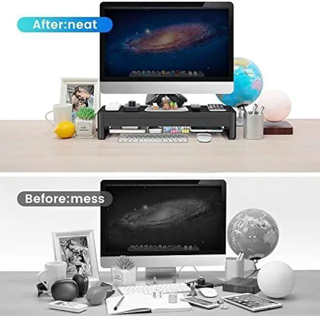 Alt view image 5 of 7 - meatanty 2 in 1 Monitor Stand Riser with 2 Storage Drawers and 4 USB Ports, Metal Computer Monitor Stand Supports Transfer Data and Charging, Desk Organizer for PC,Laptop,iMac (21 inches)