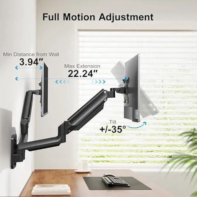 Alt view image 3 of 5 - HUANUO Dual Monitor Wall Mount with Gas Spring Arms - 17-32 Inch Computer Screen Mount (4.4-17.6lbs Per Arm) - VESA 75x75/100x100 Height Adjustable Stand for Dual Monitors - Home Office Desk Setup