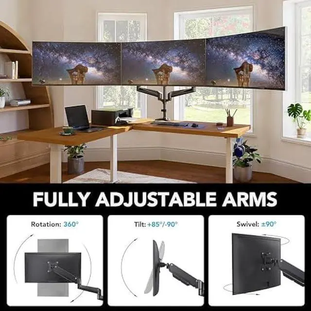 Alt view image 5 of 5 - HUANUO Triple Monitor Mount for 17 to 32 inch Screens, Gas Springs Adjustment Triple Monitor Stand with Swivel, Tilt, Rotation, Clamp & Grommet Kit (Black)