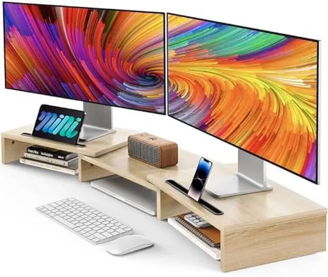 Main image of AMERIERGO Dual Monitor Stand Riser- 3 Shelf Screen Stand with Adjustable Length and Angle, 2 Extra Functional Slot Desktop Organizer Stand for PC, Computer, Laptop (Light Wood)