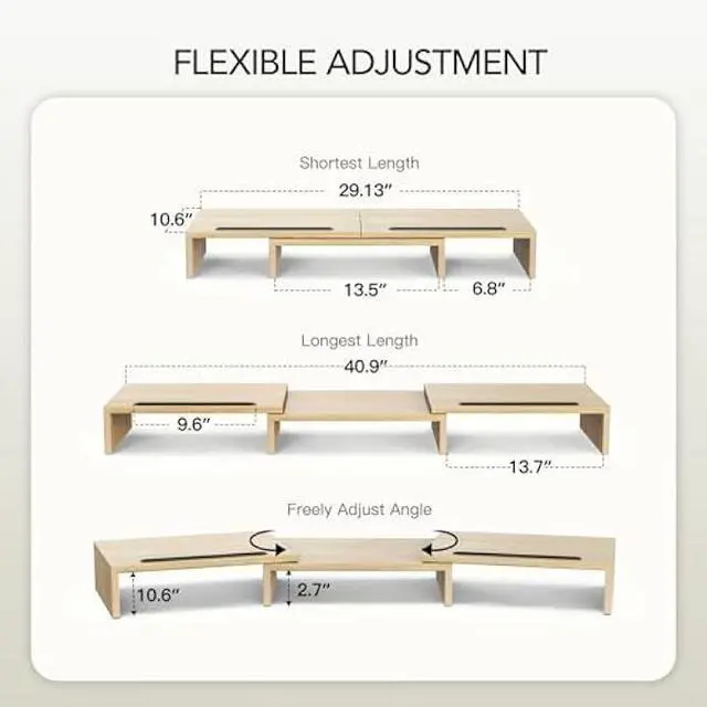 Alt view image 2 of 5 - AMERIERGO Dual Monitor Stand Riser- 3 Shelf Screen Stand with Adjustable Length and Angle, 2 Extra Functional Slot Desktop Organizer Stand for PC, Computer, Laptop (Light Wood)