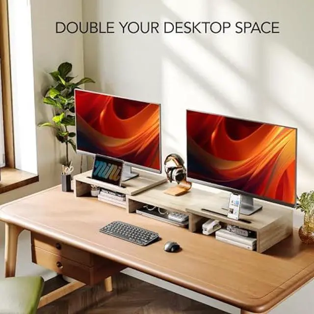 Alt view image 3 of 5 - AMERIERGO Dual Monitor Stand Riser- 3 Shelf Screen Stand with Adjustable Length and Angle, 2 Extra Functional Slot Desktop Organizer Stand for PC, Computer, Laptop (Light Wood)