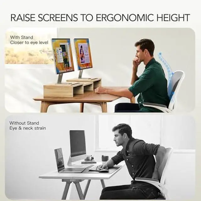 Alt view image 4 of 5 - AMERIERGO Dual Monitor Stand Riser- 3 Shelf Screen Stand with Adjustable Length and Angle, 2 Extra Functional Slot Desktop Organizer Stand for PC, Computer, Laptop (Light Wood)