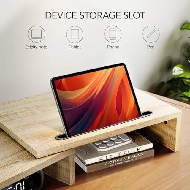 Alt view image 5 of 5 - AMERIERGO Dual Monitor Stand Riser- 3 Shelf Screen Stand with Adjustable Length and Angle, 2 Extra Functional Slot Desktop Organizer Stand for PC, Computer, Laptop (Light Wood)