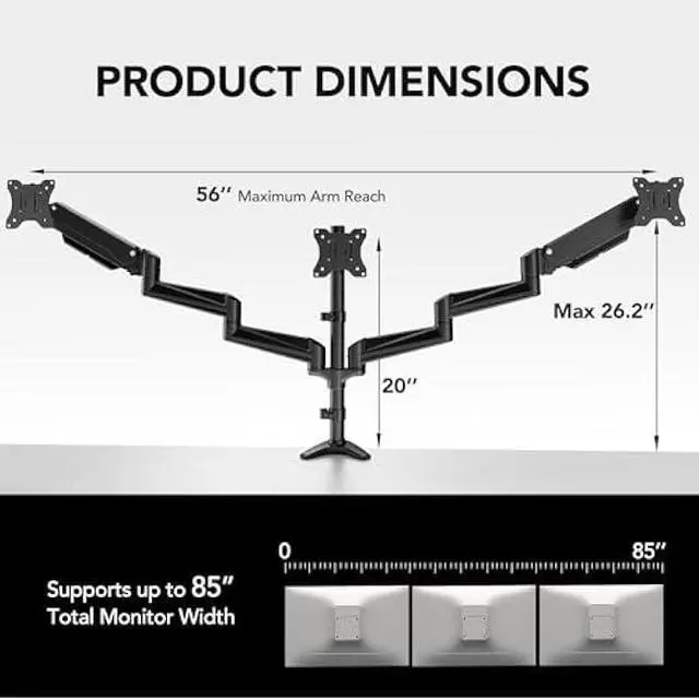 Alt view image 3 of 5 - HUANUO Triple Monitor Mount for 17 to 32 inch Screens, Gas Springs Adjustment Triple Monitor Stand with Swivel, Tilt, Rotation, Clamp & Grommet Kit (Black)
