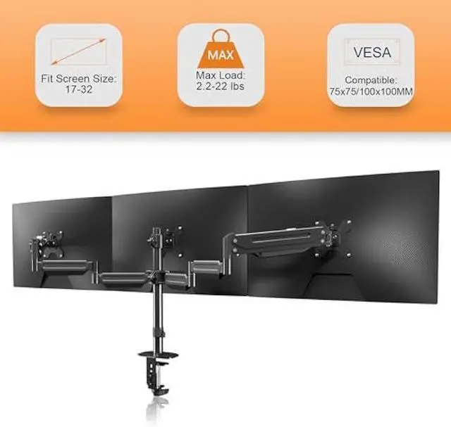 Alt view image 3 of 5 - Pholiten Triple Monitor Desk Mount,Triple Gas Spring Monitor Arm for 17-32 inch LCD Computer Screens,Holds up to 22lb,Swivel, Tilt, Rotation, Clamp & Grommet Kit