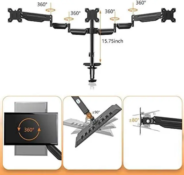 Alt view image 4 of 5 - Pholiten Triple Monitor Desk Mount,Triple Gas Spring Monitor Arm for 17-32 inch LCD Computer Screens,Holds up to 22lb,Swivel, Tilt, Rotation, Clamp & Grommet Kit
