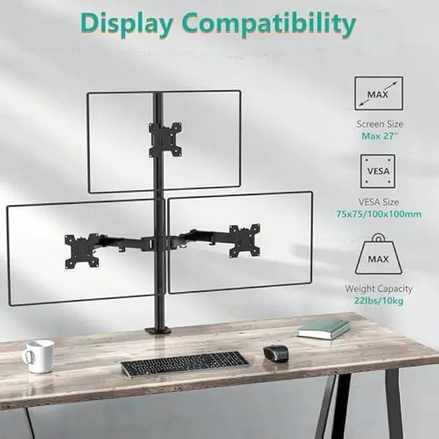 Alt view image 3 of 5 - WALI Triple Monitor Mount for 13-27 inch Computer Screens, 3 Monitor Desk Mount, Holds up to 22 lbs, Adjustable Triple Monitors Stand with Swivel Tilt Rotation, 75x75/100x100mm (M003), Black