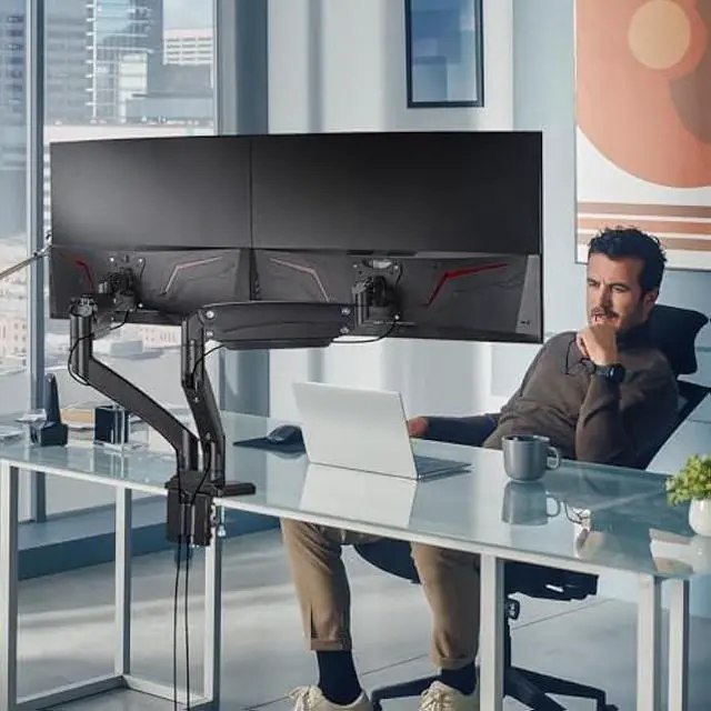 Alt view image 2 of 5 - AVLT Dual 13-43 Monitor Arm - Desk Mount for Two Flat/Curved Monitors - Full Motion Height Swivel Tilt Rotation Adjustable - Black/VESA/C-Clamp/Grommet/Cable Management