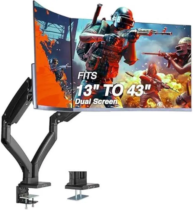 Main image of AVLT Dual 13-43 Monitor Arm - Desk Mount for Two Flat/Curved Monitors - Full Motion Height Swivel Tilt Rotation Adjustable - Black/VESA/C-Clamp/Grommet/Cable Management