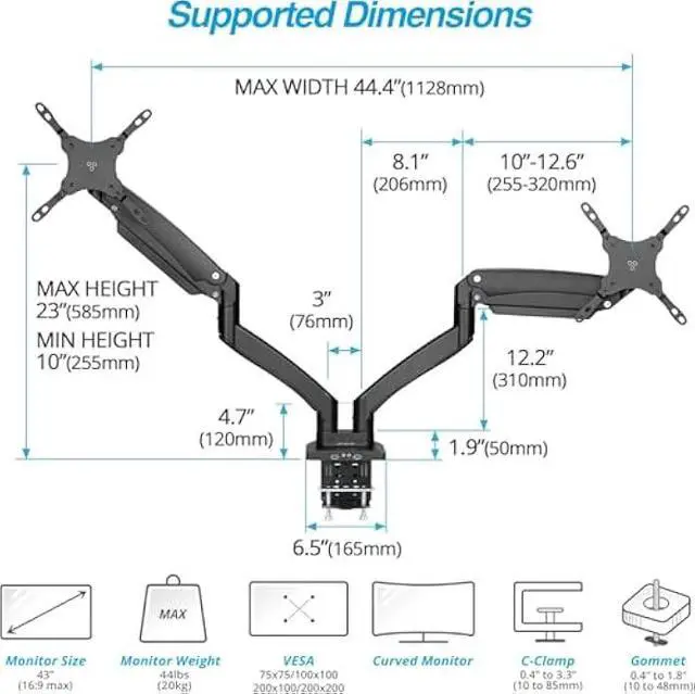 Alt view image 3 of 5 - AVLT Dual 13-43 Monitor Arm - Desk Mount for Two Flat/Curved Monitors - Full Motion Height Swivel Tilt Rotation Adjustable - Black/VESA/C-Clamp/Grommet/Cable Management