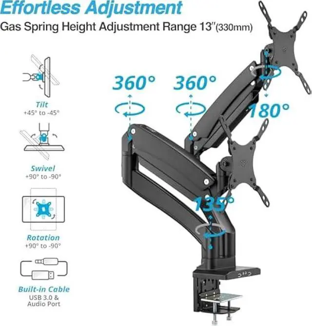 Alt view image 5 of 5 - AVLT Dual 13-43 Monitor Arm - Desk Mount for Two Flat/Curved Monitors - Full Motion Height Swivel Tilt Rotation Adjustable - Black/VESA/C-Clamp/Grommet/Cable Management
