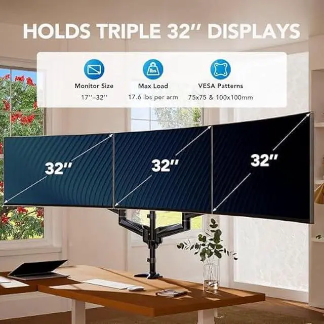 Alt view image 2 of 5 - HUANUO Triple Monitor Mount for 17 to 32 inch Screens, Gas Springs Adjustment Triple Monitor Stand with Swivel, Tilt, Rotation, Clamp & Grommet Kit (Black)