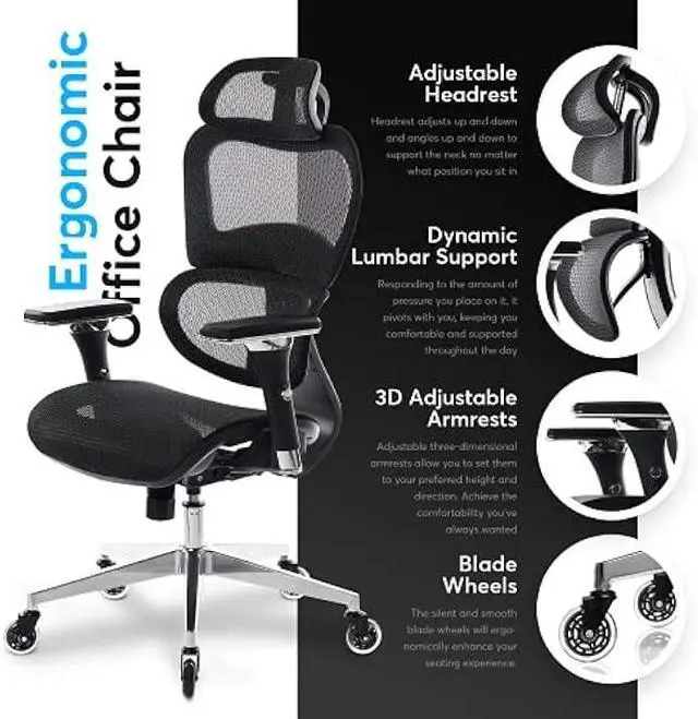 Alt view image 4 of 5 - Oline ErgoPro Ergonomic Office Chair, Rolling Desk Chair with 4D Adjustable Armrest, 3D Lumbar Support, Blade Wheels, Mesh Computer Gaming Executive Swivel Chairs Chair (Black)
