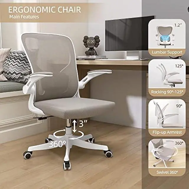 Alt view image 3 of 5 - Monhey Office Chair Ergonomic Desk Chair with Lumbar Support&Headrest&Flip-up Arms Height Adjustable Rocking Swivel High Back Computer Chair Warm Taupe Mesh Study Chair (01Khaki)