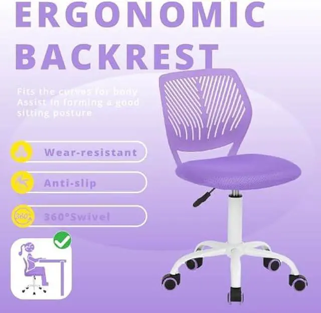 Alt view image 2 of 5 - FurnitureR Teens Girls Task Chair 360 Swivel, Low Mid PP Mesh Back Fabric Seat, Height Adjustable, Rolling Castor, W15.7inces x D15.2inces x H29.5-34.2inches (Purple)
