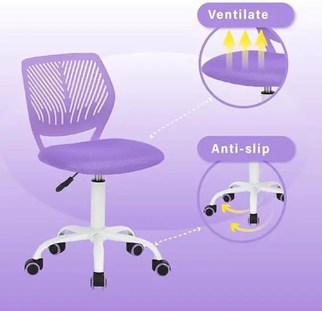 Alt view image 3 of 5 - FurnitureR Teens Girls Task Chair 360 Swivel, Low Mid PP Mesh Back Fabric Seat, Height Adjustable, Rolling Castor, W15.7inces x D15.2inces x H29.5-34.2inches (Purple)