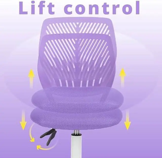 Alt view image 5 of 5 - FurnitureR Teens Girls Task Chair 360 Swivel, Low Mid PP Mesh Back Fabric Seat, Height Adjustable, Rolling Castor, W15.7inces x D15.2inces x H29.5-34.2inches (Purple)