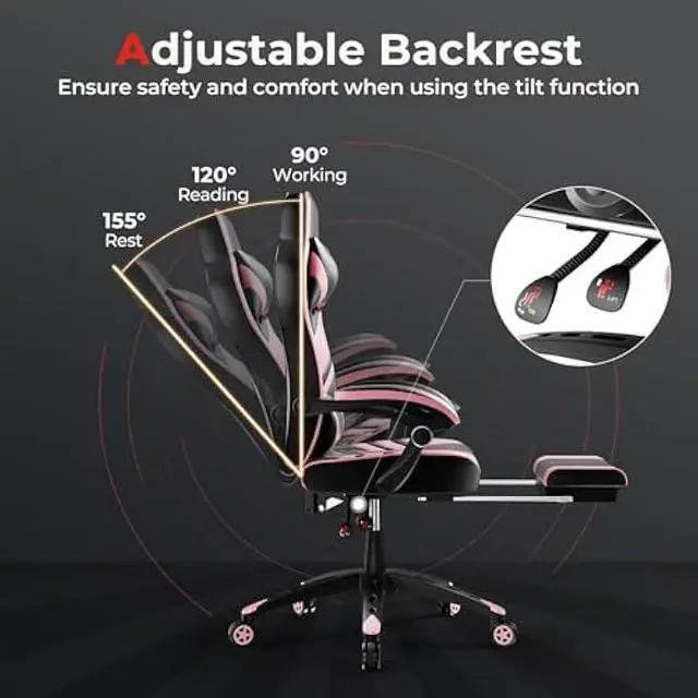 Alt view image 5 of 5 - POWERSTONE Gaming Chair Video Game Chair with Footrest and Lumbar Support Racing Style PU Leather Computer Chair Ergonomic Adjustable Swivel Task Chair Pink