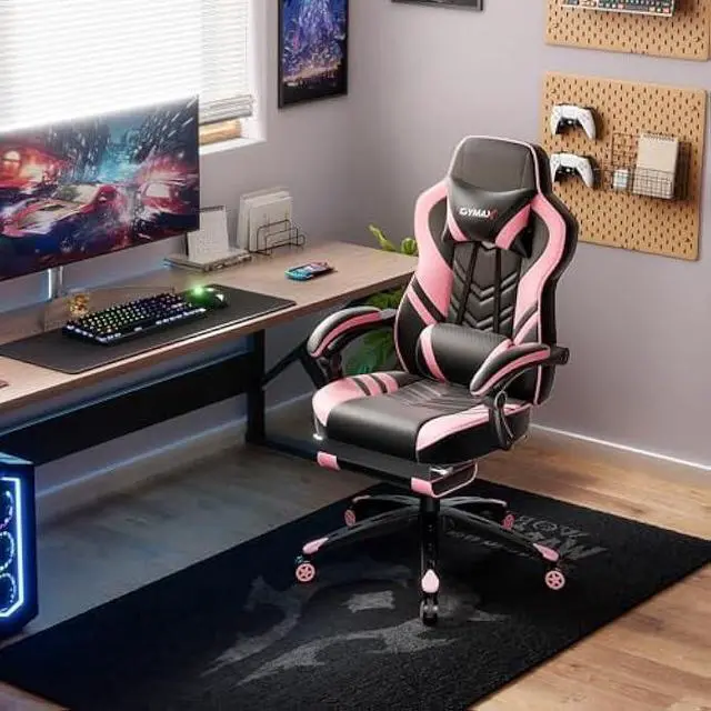 Alt view image 2 of 5 - POWERSTONE Gaming Chair Video Game Chair with Footrest and Lumbar Support Racing Style PU Leather Computer Chair Ergonomic Adjustable Swivel Task Chair Pink