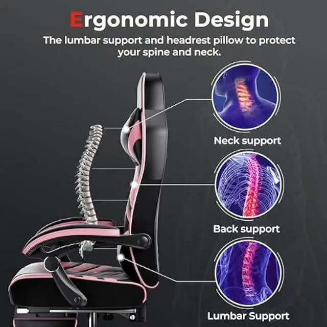 Alt view image 4 of 5 - POWERSTONE Gaming Chair Video Game Chair with Footrest and Lumbar Support Racing Style PU Leather Computer Chair Ergonomic Adjustable Swivel Task Chair Pink