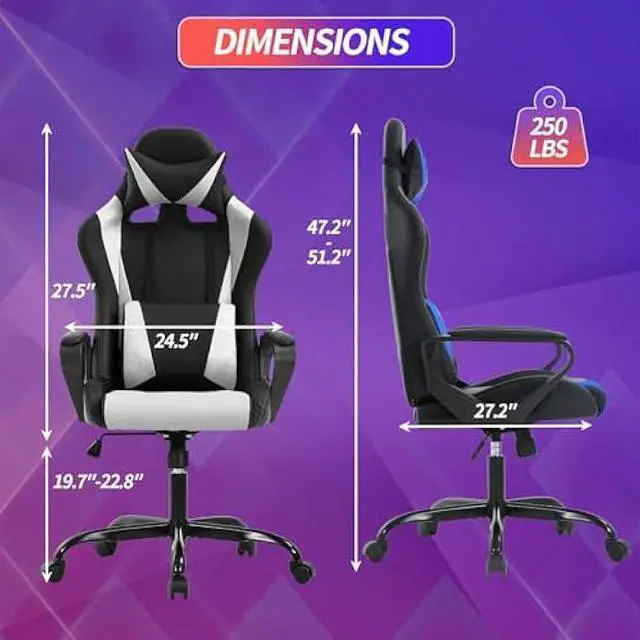 Alt view image 3 of 5 - Gaming Chair Office Chair High-Back Ergonomic Video Game Chairs for Kids Teen Adult Height Adjustable Reclining Computer Chair with Lumbar Support Armrest Headrest Game Chair - White