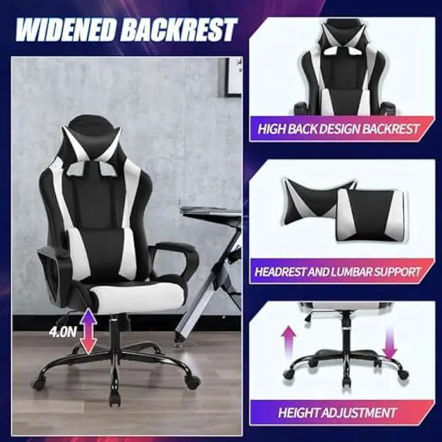 Alt view image 4 of 5 - Gaming Chair Office Chair High-Back Ergonomic Video Game Chairs for Kids Teen Adult Height Adjustable Reclining Computer Chair with Lumbar Support Armrest Headrest Game Chair - White