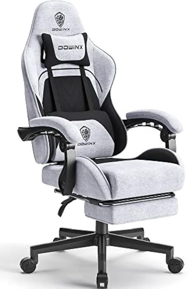 Main image of Dowinx Gaming Chair Fabric with Pocket Spring Cushion, Massage Game Chair Cloth with Headrest, Ergonomic Computer Chair with Footrest 290LBS, Black and Grey