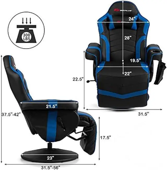 Alt view image 3 of 5 - POWERSTONE Gaming Recliner Massage Gaming Chair with Footrest Ergonomic PU Leather Single Sofa with Cup Holder Headrest and Side Pouch, Adjustable Living Room Chair Seating, Navy Blue