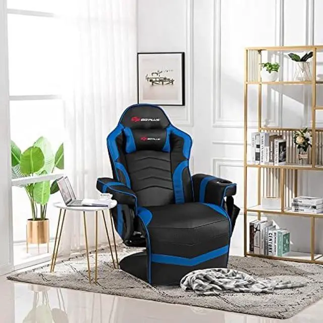 Alt view image 2 of 5 - POWERSTONE Gaming Recliner Massage Gaming Chair with Footrest Ergonomic PU Leather Single Sofa with Cup Holder Headrest and Side Pouch, Adjustable Living Room Chair Seating, Navy Blue