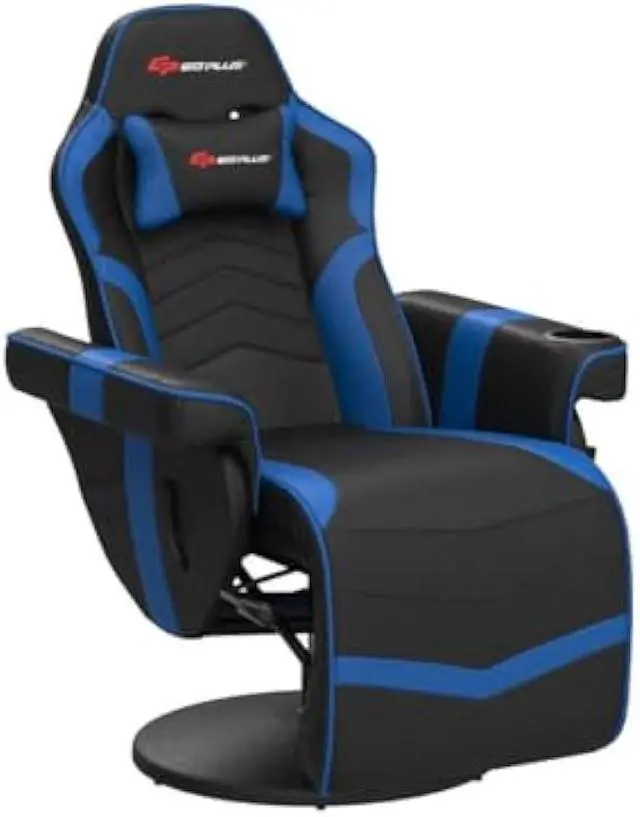 Alt view image 5 of 5 - POWERSTONE Gaming Recliner Massage Gaming Chair with Footrest Ergonomic PU Leather Single Sofa with Cup Holder Headrest and Side Pouch, Adjustable Living Room Chair Seating, Navy Blue