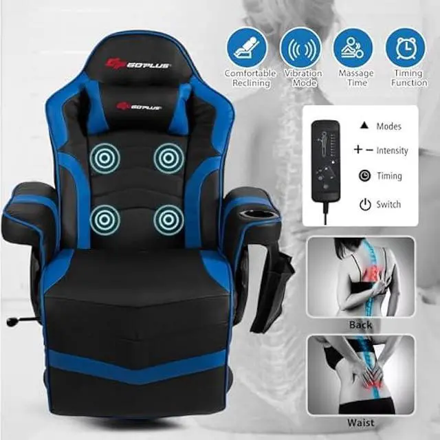 Alt view image 4 of 5 - POWERSTONE Gaming Recliner Massage Gaming Chair with Footrest Ergonomic PU Leather Single Sofa with Cup Holder Headrest and Side Pouch, Adjustable Living Room Chair Seating, Navy Blue