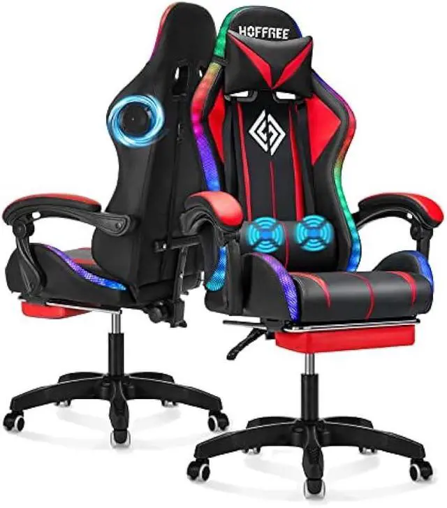 Main image of RGB Gaming Chair with Bluetooth Speakers and LED Lights Ergonomic Massage Computer Game Chair with Footrest High Back Music Video Game Chair with Lumbar Support Red and Black