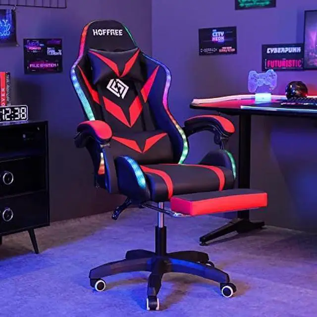 Alt view image 2 of 5 - RGB Gaming Chair with Bluetooth Speakers and LED Lights Ergonomic Massage Computer Game Chair with Footrest High Back Music Video Game Chair with Lumbar Support Red and Black