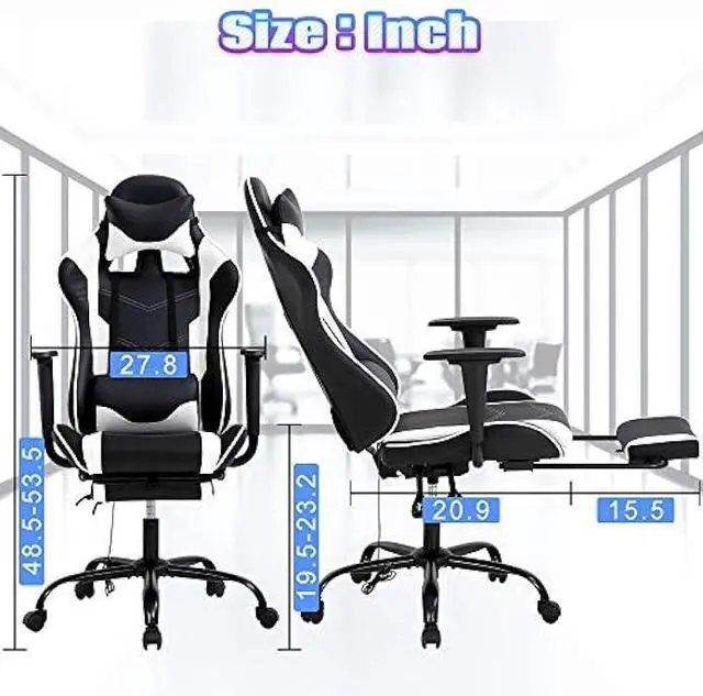 Alt view image 2 of 6 - PC Gaming Chair Ergonomic Racing Office Chair Video Game Chair, Massage Function Lumbar Support with Arms Footrest & Headrest Nice Chic Desk Chair, Adjustable Home Office Chair - White