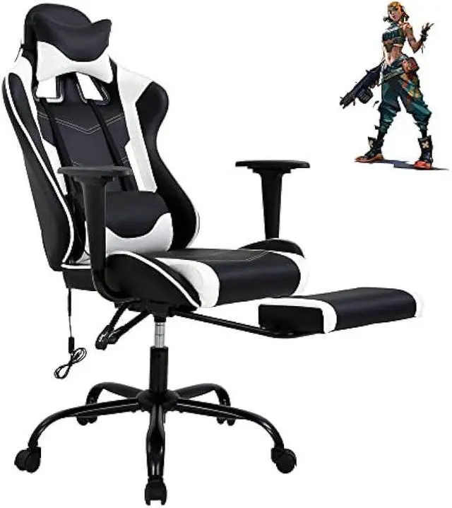 Main image of PC Gaming Chair Ergonomic Racing Office Chair Video Game Chair, Massage Function Lumbar Support with Arms Footrest & Headrest Nice Chic Desk Chair, Adjustable Home Office Chair - White
