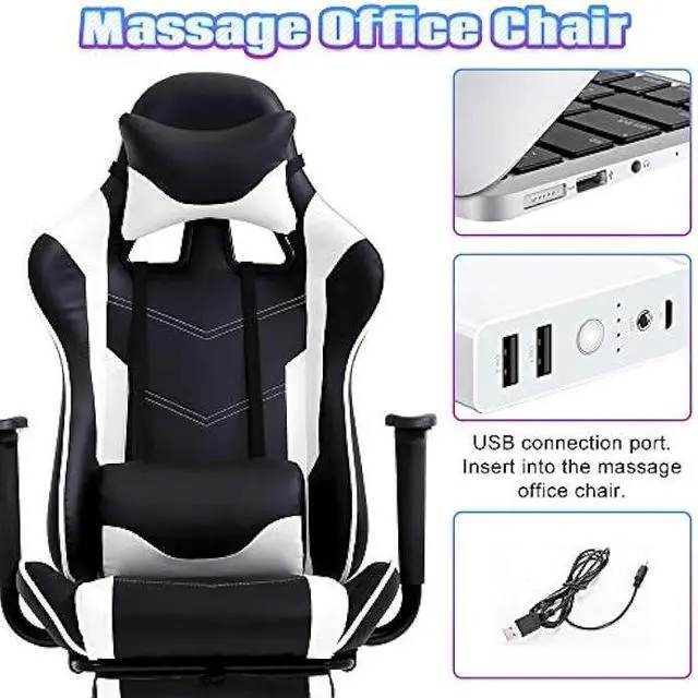 Alt view image 4 of 6 - PC Gaming Chair Ergonomic Racing Office Chair Video Game Chair, Massage Function Lumbar Support with Arms Footrest & Headrest Nice Chic Desk Chair, Adjustable Home Office Chair - White