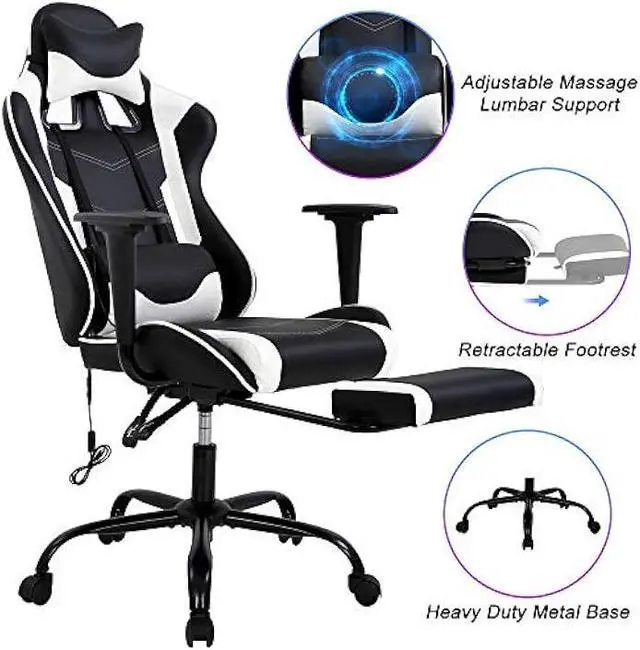Alt view image 3 of 6 - PC Gaming Chair Ergonomic Racing Office Chair Video Game Chair, Massage Function Lumbar Support with Arms Footrest & Headrest Nice Chic Desk Chair, Adjustable Home Office Chair - White