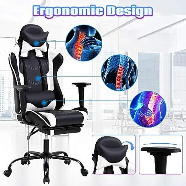 Alt view image 6 of 6 - PC Gaming Chair Ergonomic Racing Office Chair Video Game Chair, Massage Function Lumbar Support with Arms Footrest & Headrest Nice Chic Desk Chair, Adjustable Home Office Chair - White